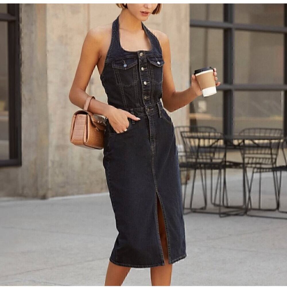Universal Threads Women's Dark Blue Denim Midi Halter Dress w/ Front Split | NEW